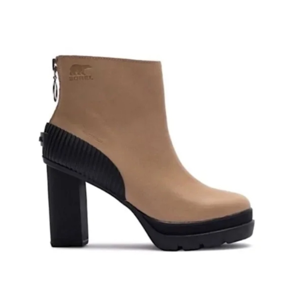 Sorel Dacie waterproof leather zip up tan black size 9.5 heeled NWT NIB